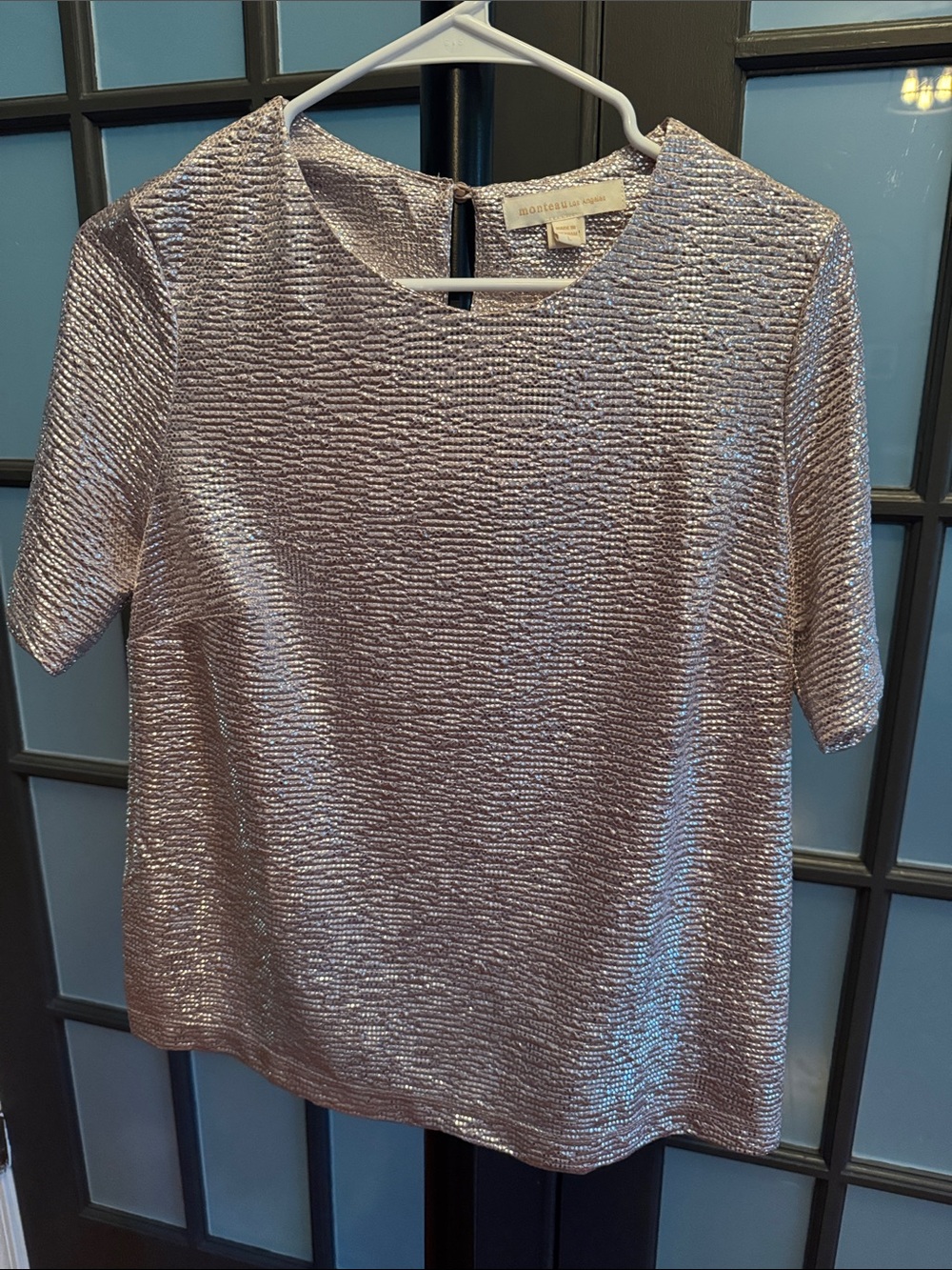 Metallic Short-Sleeve Shine Top by Lafayette 148 New York - Silver and Pink